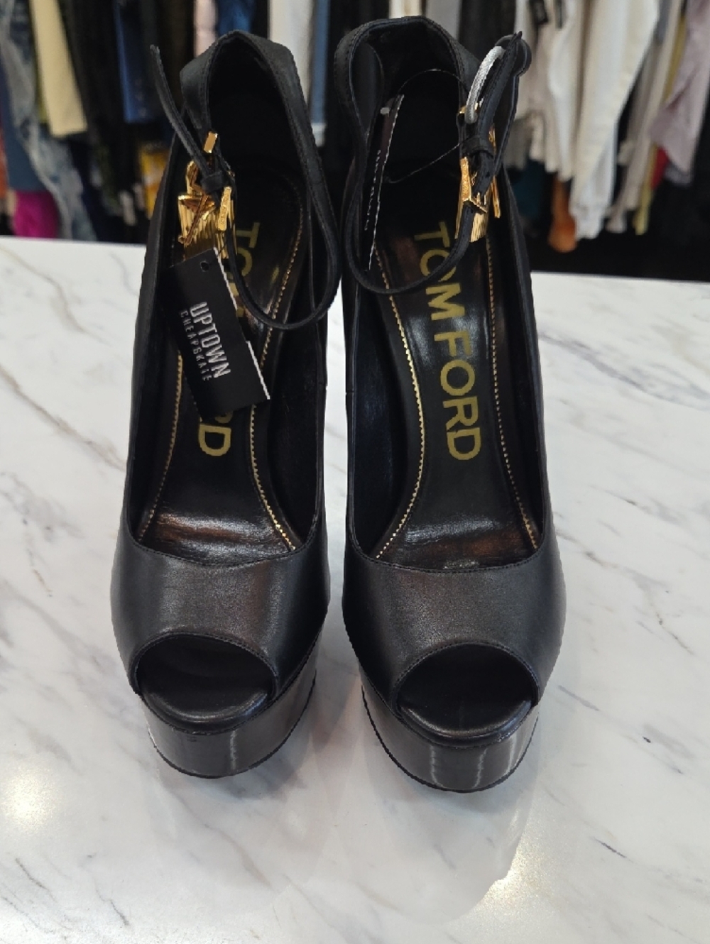 Tom Ford Black Leather Platform Peep-Toe Heels with Gold Buckle - Picture 2 of 11